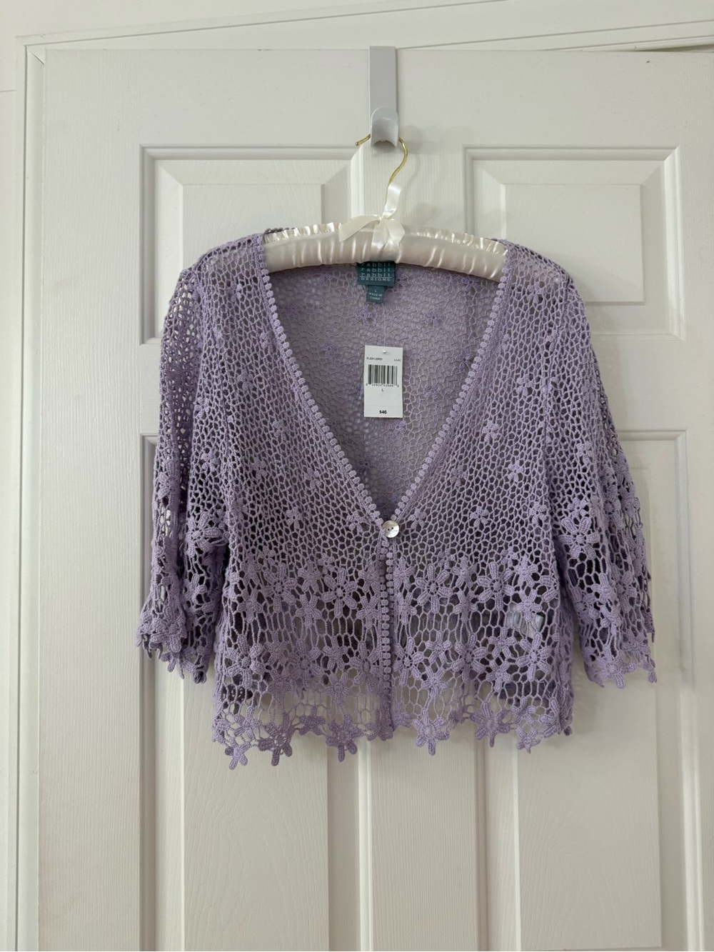 💜Rabbit Rabbit Rabbit Designs Lilac Crochet Cardigan Bolero Open Knit Button NWT - Picture 2 of 8